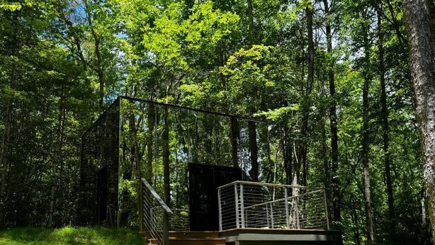 Une cabane moderne en bois, dotée d’un escalier en métal et d’une rambarde en verre, entourée d’une forêt dense.