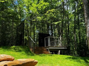Una cabana de fusta moderna amb una escala metàl·lica i barana de vidre, envoltada per un bosc dens.
