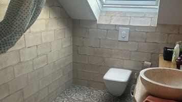 Secador de cabelo, toalhas de banho, sabonete, papel higiênico