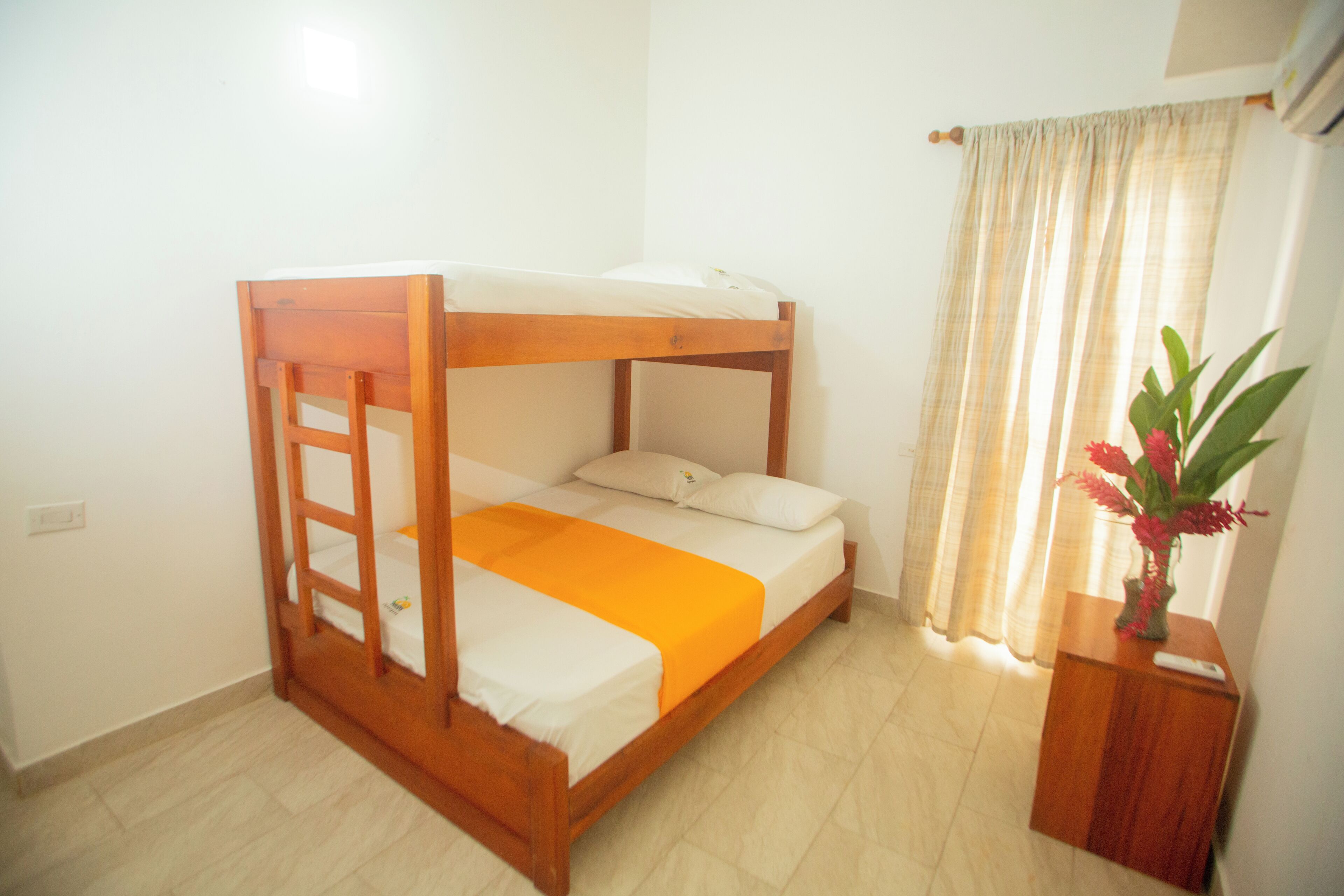 A single-occupancy room with a wooden bunk bed, a bedside table, and a potted plant.