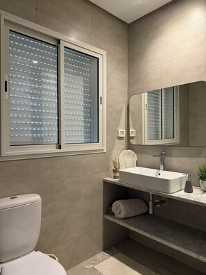 Shower, bidet, towels, soap