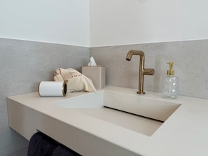 Hair dryer, towels, soap, toilet paper