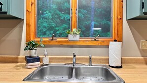 Una cocina con un lavamanos doble, encimera de madera y una ventana con vistas a la vegetación.