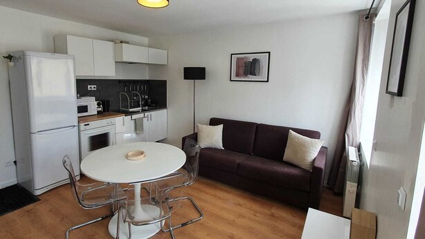 A compact living space with a kitchenette, a dining table with chairs, a sofa, and a single artwork on the wall.