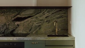 Une cuisine avec un dosseret en marbre, une plaque de cuisson à induction noire et un robinet doré.