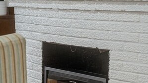 Una chimenea con revestimiento de ladrillo blanco y frente de vidrio.