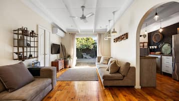 TV, fireplace, books