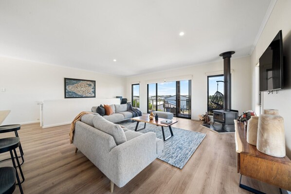 TV, fireplace, ping pong, books