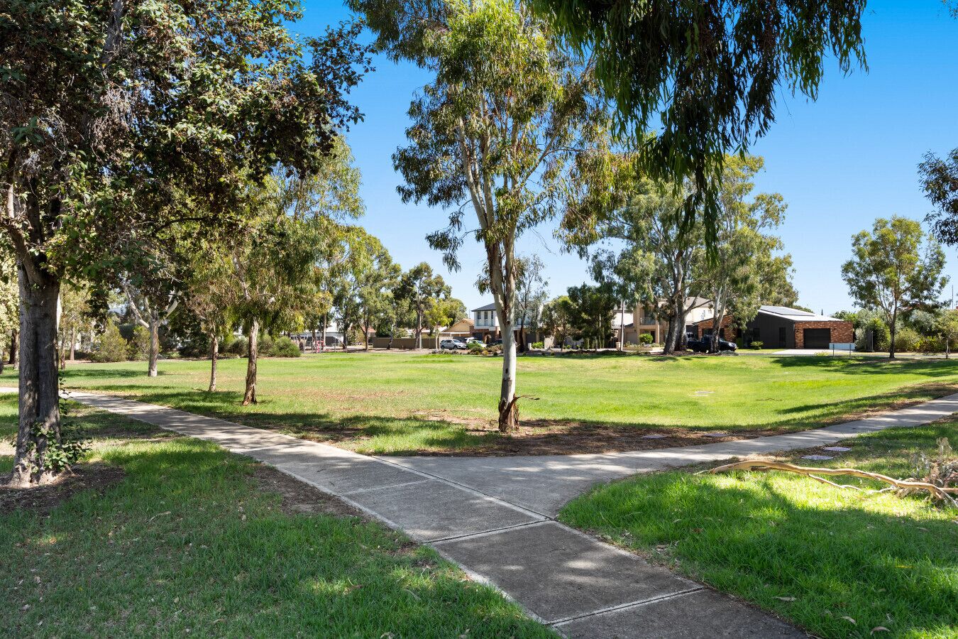 Un parque con un camino pavimentado, césped verde y árboles.