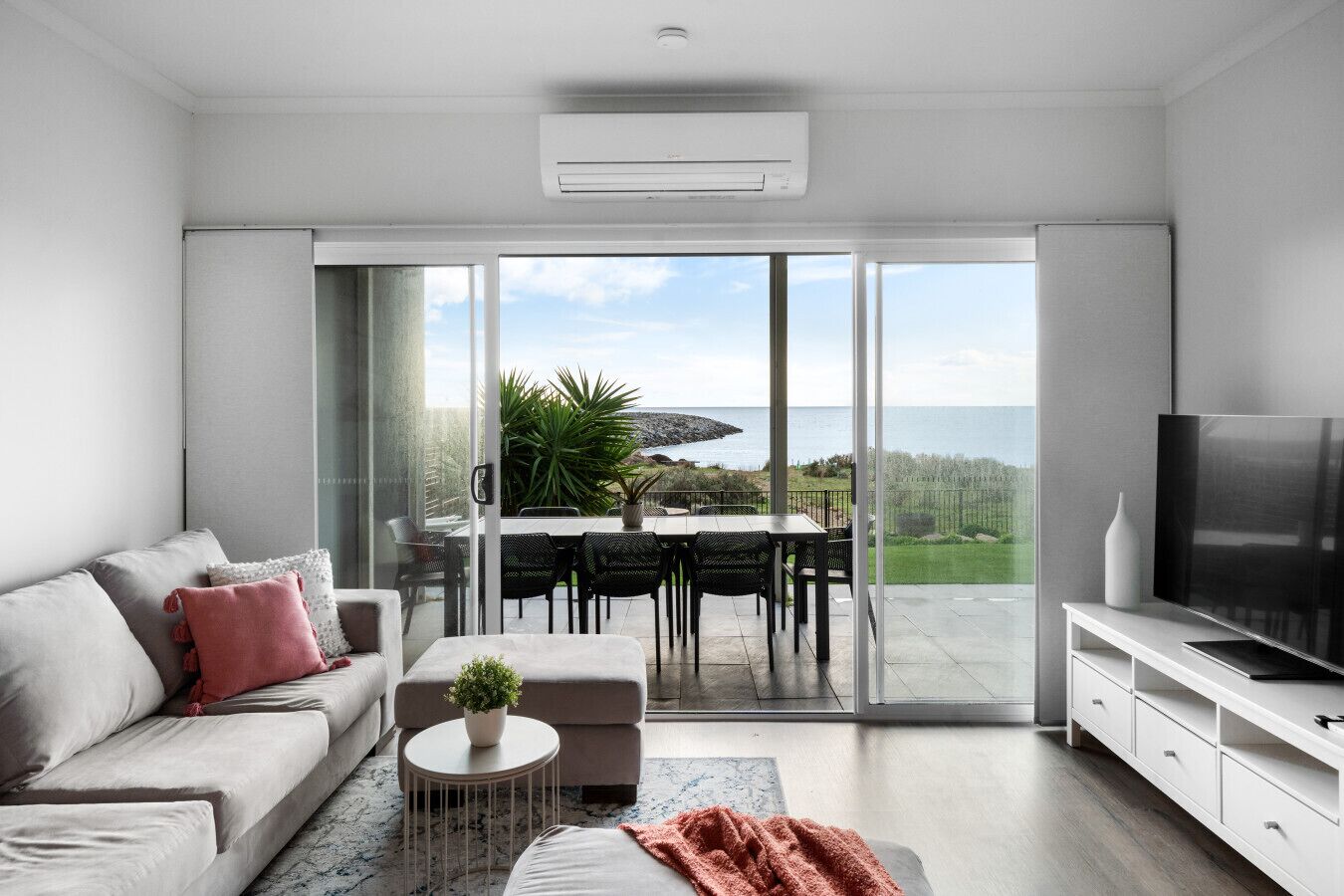 TV, fireplace, books