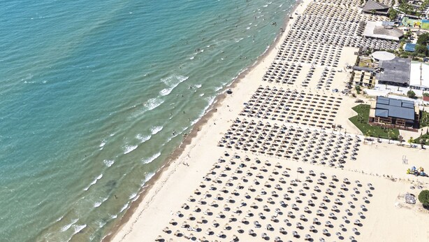 An aerial view of a beach with rows of sun umbrellas and beach chairs, a sandy shoreline, and a clear blue sea. - Hotel Siel (Durrës)