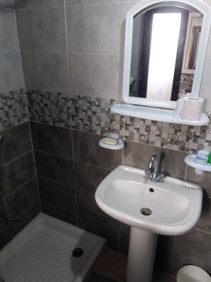 Een douche, een haardroger, handdoeken, zeep