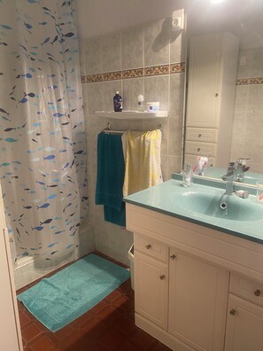 Shower, hair dryer, towels, toilet paper