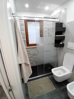 Douche, sèche-cheveux, bidet, serviettes fournies