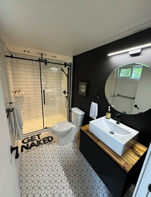Shower, towels, soap, toilet paper