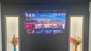 A flat-screen TV mounted on a wall displaying a streaming service interface with a movie titled "G20" and a scenic background image. - The Walkout at the Ravine (Edmonton)