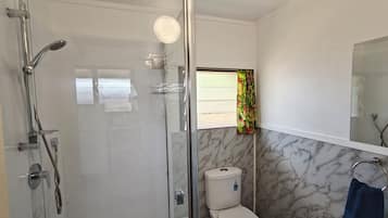 Shower, hair dryer, towels, soap