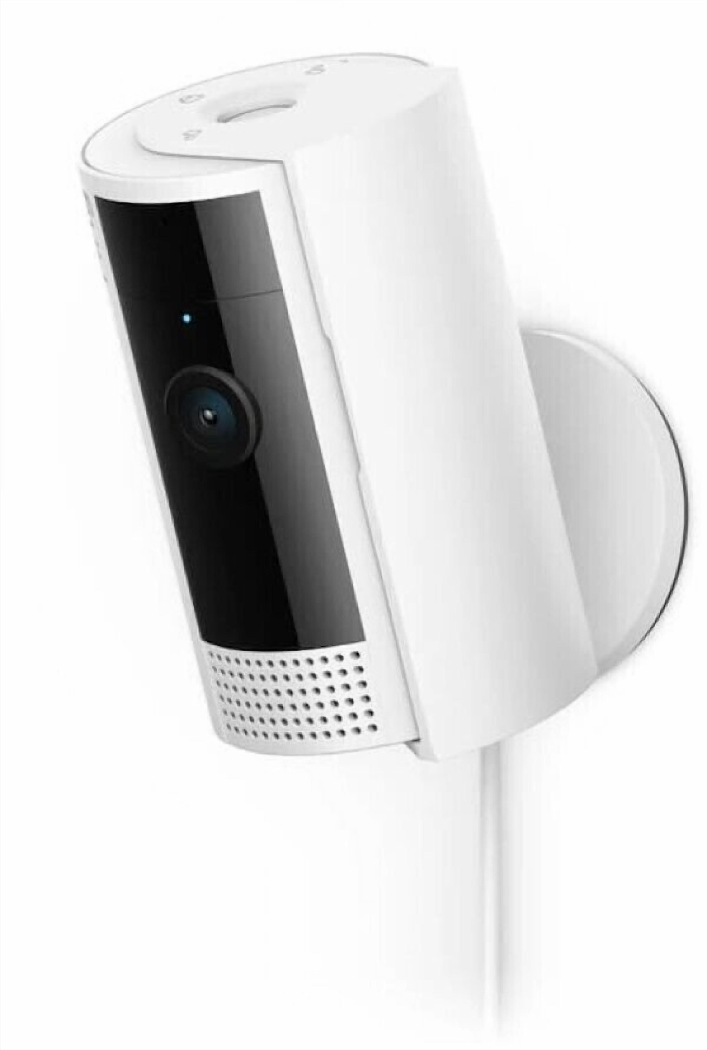 Een witte, op de muur bevestigde beveiligingscamera met een zichtbare lens en een klein speakerrooster.