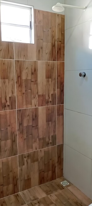Shower, towels, soap, toilet paper