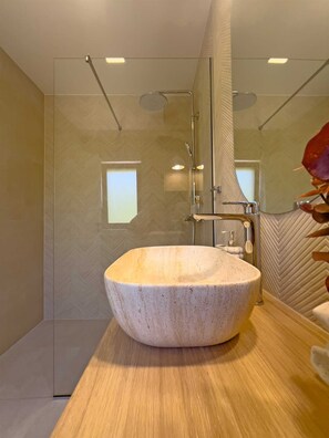 Shower, hair dryer, towels