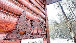 En rustik stuga med en träfasad, en metallskylt med texten ”The Dapper Duck Cabin” och en snötäckt skog i bakgrunden.