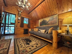 TV, fireplace - The Dapper Duck log cabin! Charming 1-bedroom in The Forest! (Cosby)