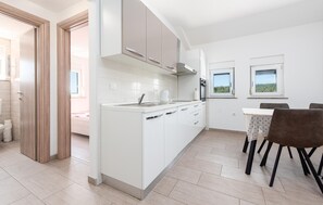 Fridge, oven, dishwasher, cookware/dishes/utensils