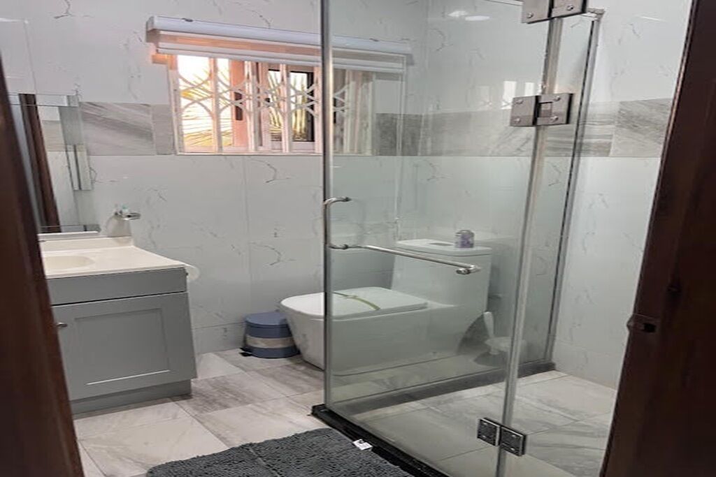 Shower, towels, soap, toilet paper