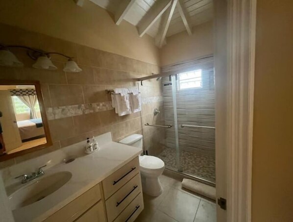 Douche, séchoir à cheveux, serviettes fournies, savon