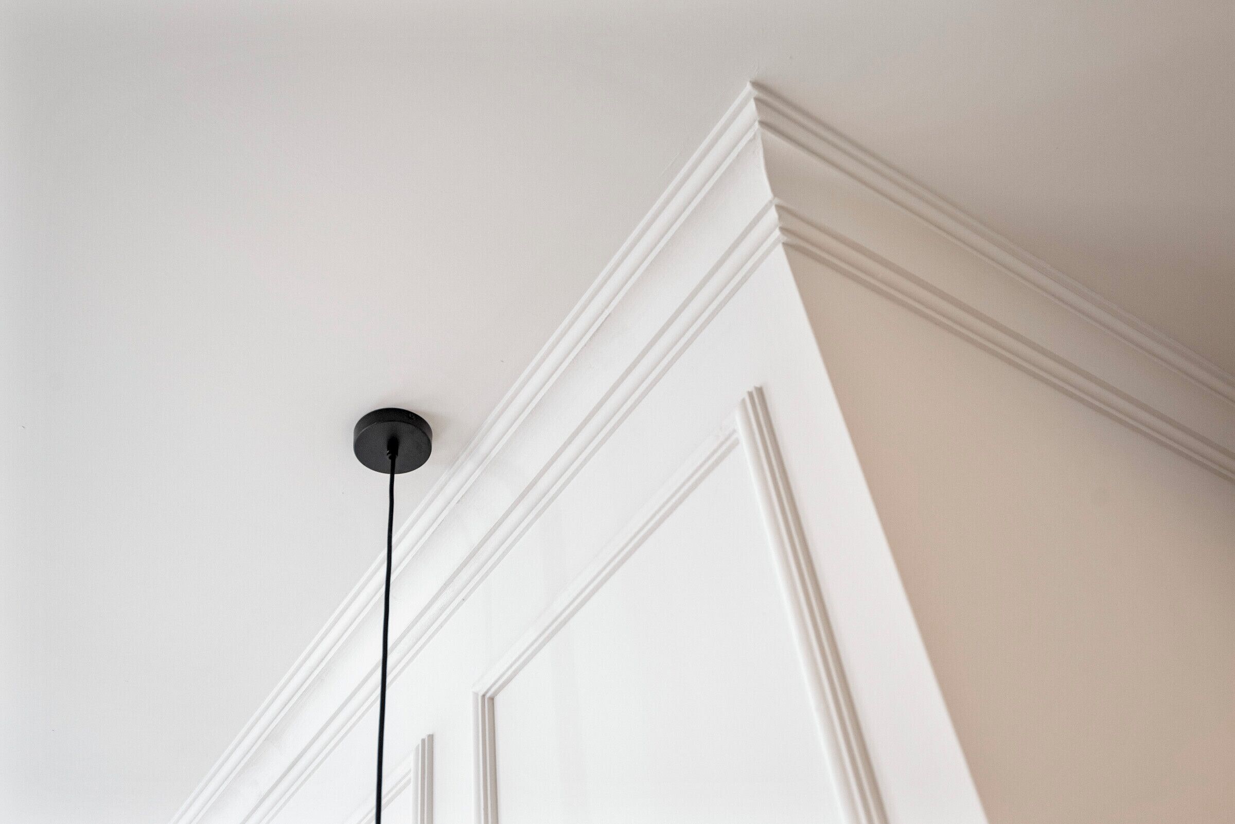 Un plafond avec un luminaire à lumière noire et des moulures blanches.