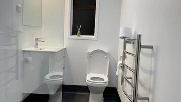Secadora de cabello, toallas, papel de baño