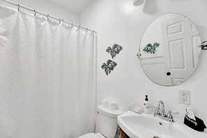 Hair dryer, towels, soap, shampoo