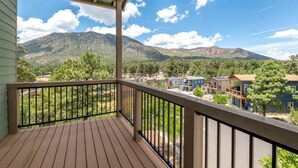 Une terrasse en bois, dotée d’une rambarde noire, offre une vue sur un quartier résidentiel, avec des maisons et des montagnes en arrière-plan.