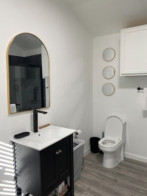 Shower, jetted bath, hair dryer, towels