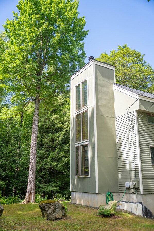 Una casa moderna con un ventanal grande, rodeada de abundante follaje y un árbol alto.
