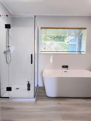 Hair dryer, towels, soap, shampoo