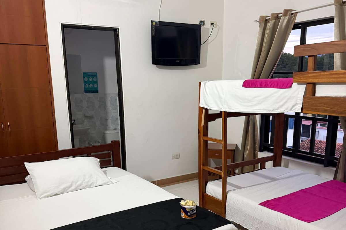 A bedroom with a bunk bed, a single bed, a television, an air conditioner, and a window with curtains.