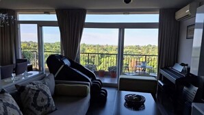 A spacious living room with a large window, a sofa, a piano, and a balcony with potted plants.