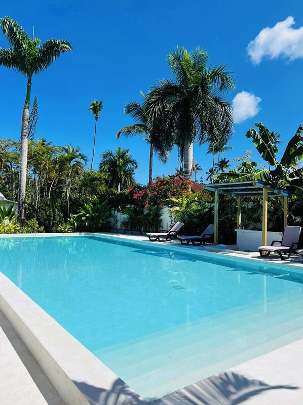 A clear blue pool with lounge chairs and a pergola, surrounded by palm trees and tropical plants. - Maria Juana Hotel, centrally located, Las Terrenas Beach (Las Terrenas)