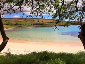 A beach with clear water, a sandy shore, and a grassy landscape in the background. - Te Maori House (Hanga Roa)