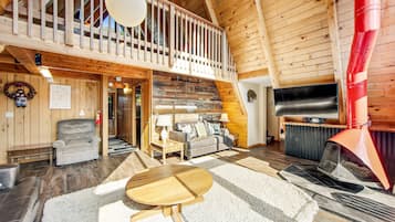 Smart TV, fireplace, foosball