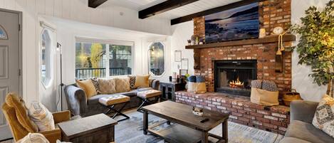 Smart TV, fireplace, foosball, books