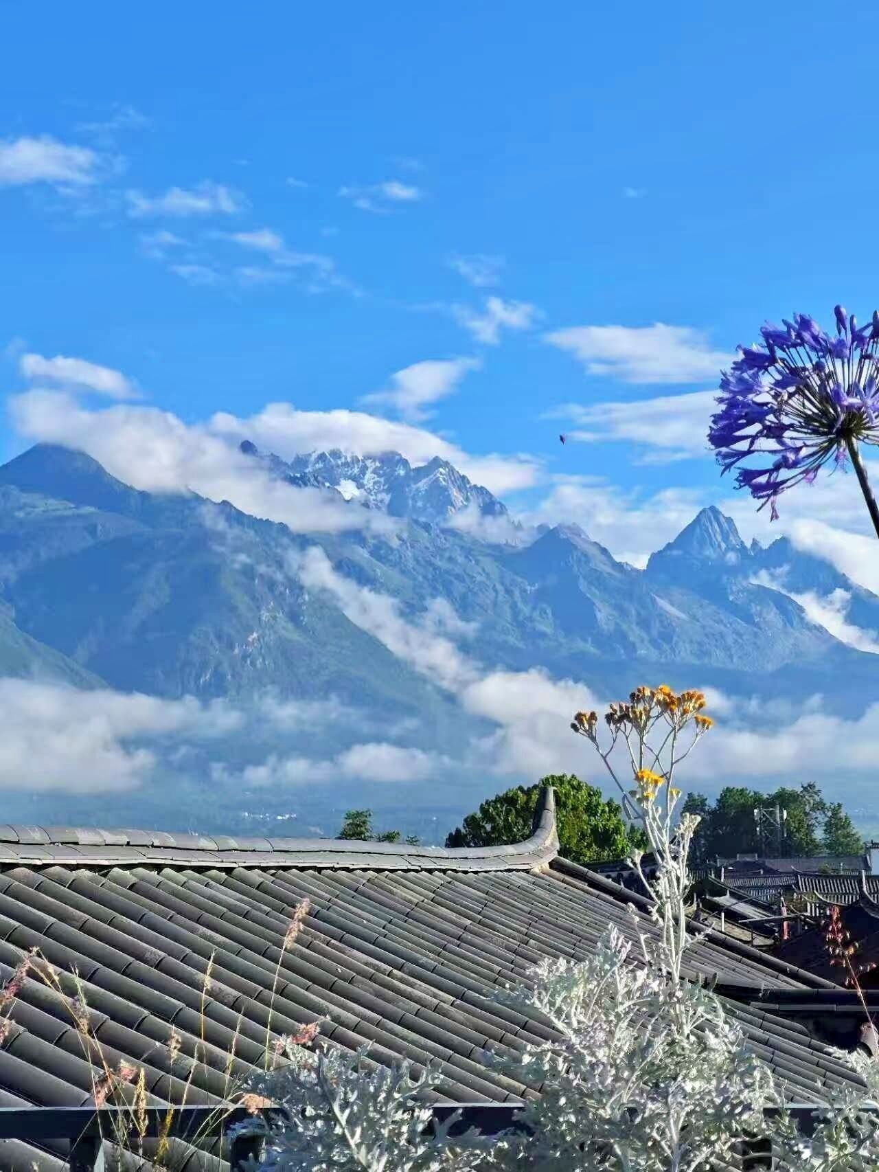 A traditional roof with a mountain view in the background.