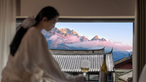A person sitting by a window with a view of traditional architecture and mountains.