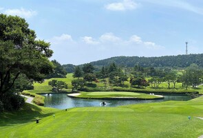 Un campo de golf con un estanque, árboles y una colina al fondo.