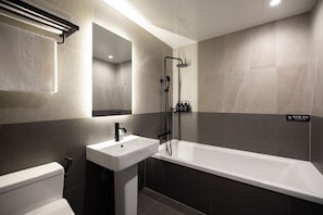 Hair dryer, towels, soap, shampoo