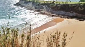 Un paisaje costero con una playa arenosa, dunas cubiertas de hierba y un acantilado que domina el océano.
