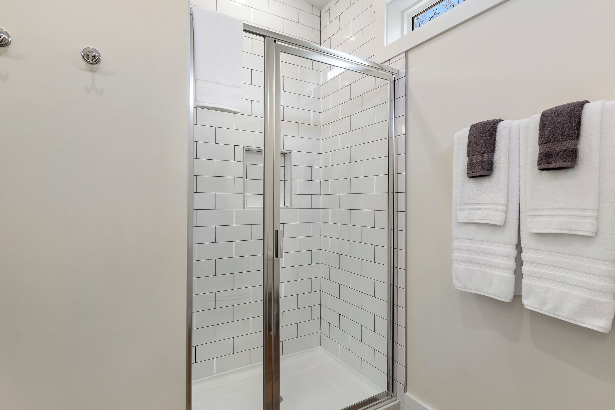 Shower, towels, soap, toilet paper