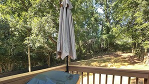 A covered outdoor deck with a table, surrounded by trees. - Marvelous 3-bedroom house with AC in Charlotte (Charlotte)