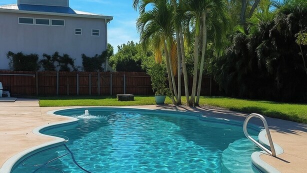 Una piscina con borde curvo, una escalera y una valla de madera al fondo.